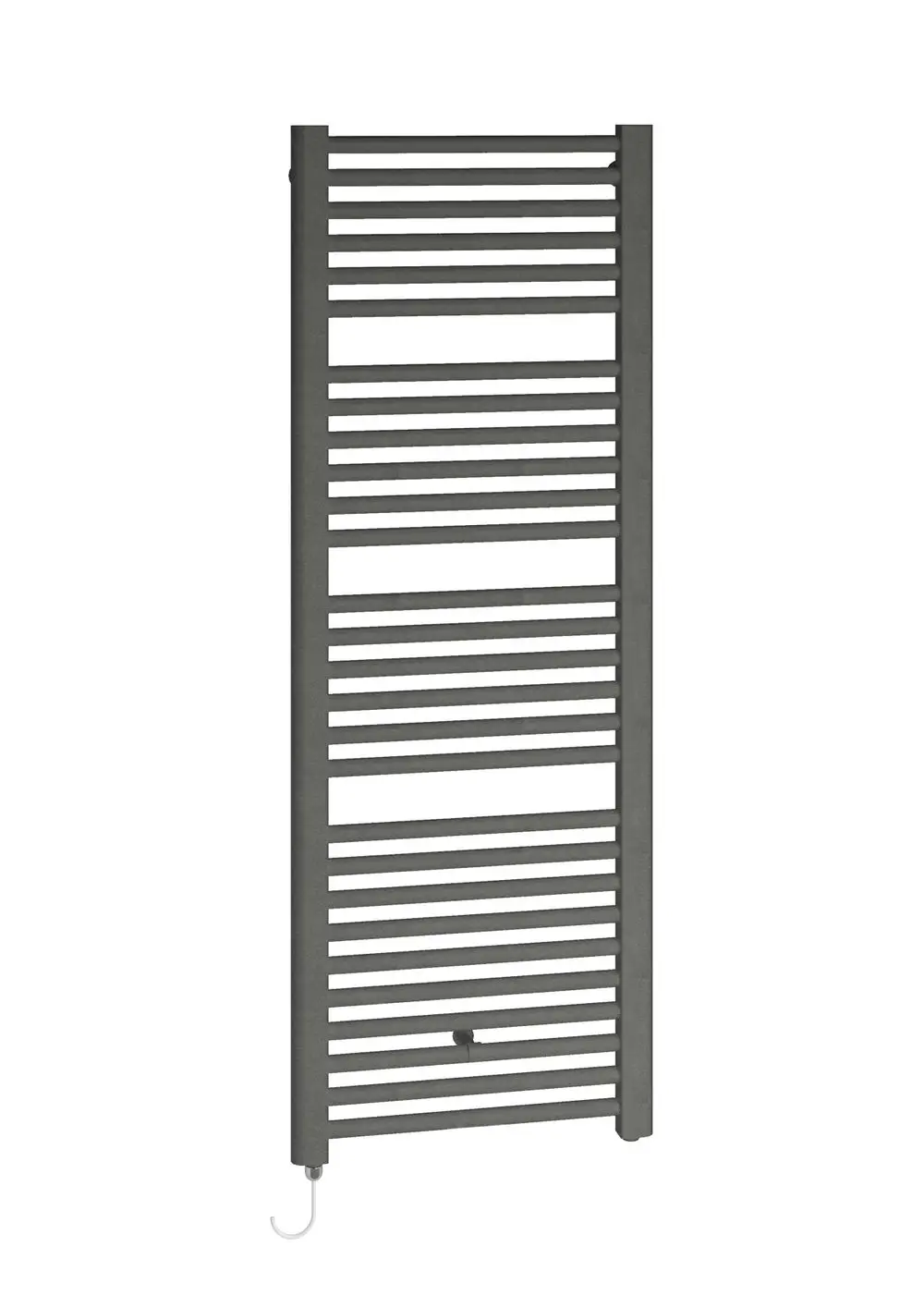 Kermi-Heizkörper in Graphit, vertikal montiert, mit horizontalen lamellenförmigen Elementen und einem kleinen Haken am unteren Ende zur Befestigung von Handtüchern.