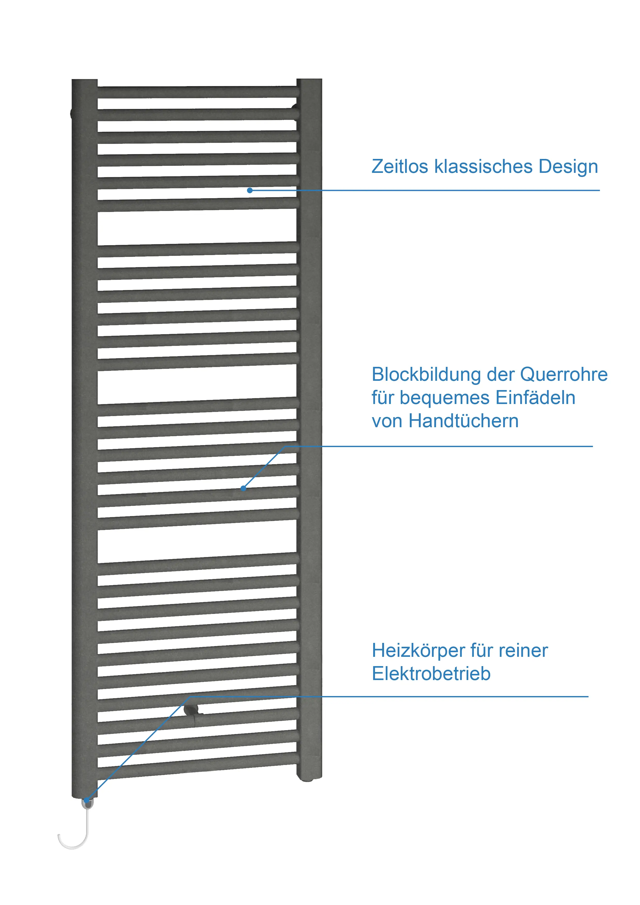 Vertikaler Heizkörper mit Längsrippen und graphitfarbener Oberfläche, geeignet für Elektrobetrieb, von Kermi. Ideal für die Handtuchaufhängung im Badezimmer.
