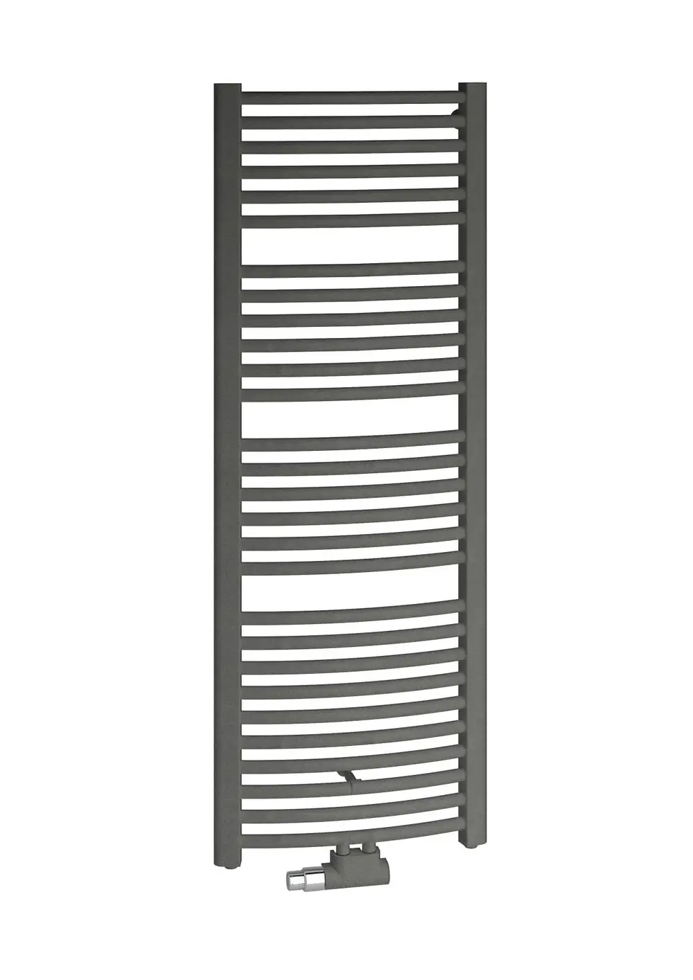 Kermi-Heizkörper in graphit, vertikal, mit mehreren horizontalen Rippen, für Mittel- und Seitenanschluss, vor neutralem Hintergrund.