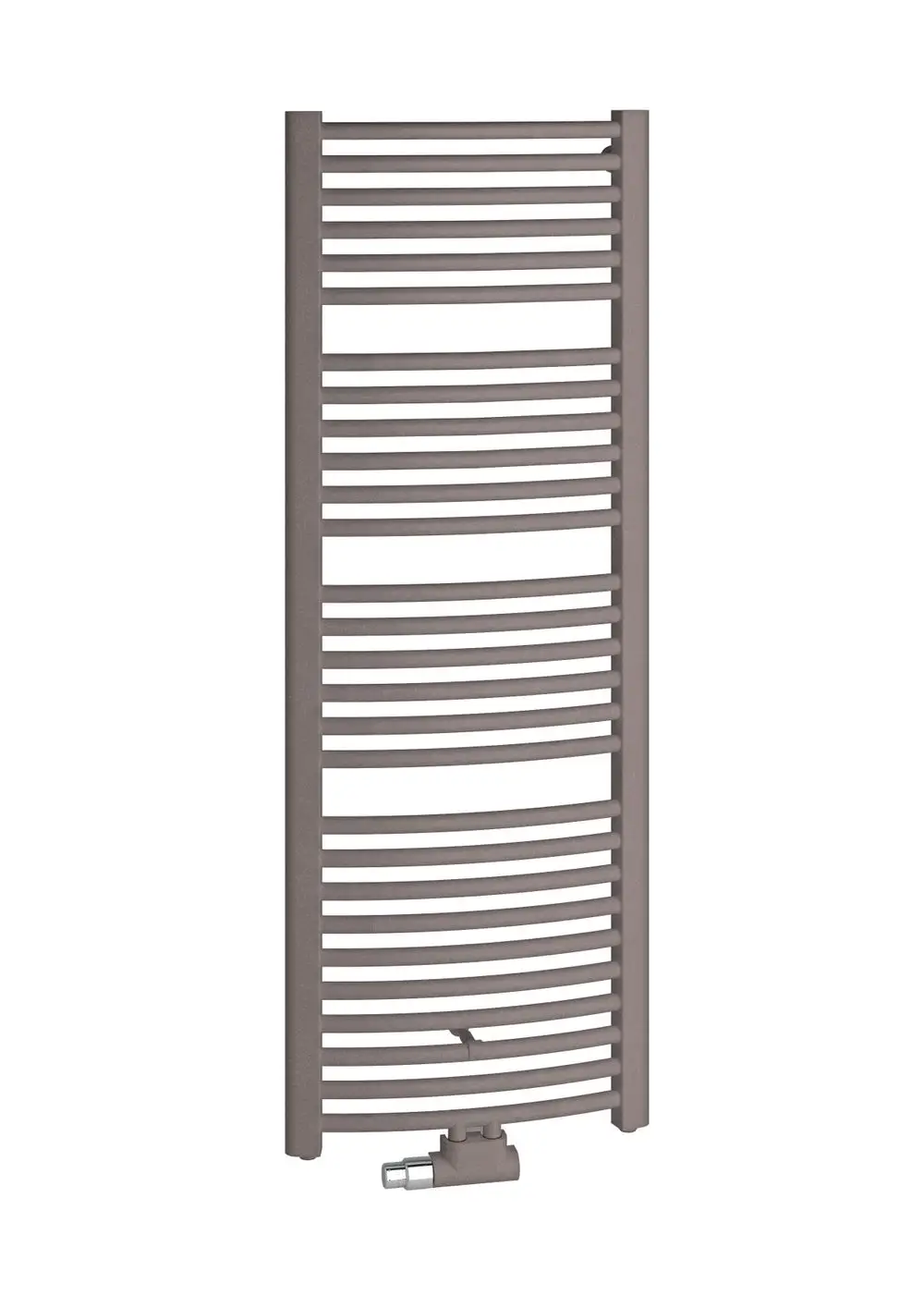 Kermi-Heizkörper mit gebogener Form und Mittel- / Seitenanschluss, Längsrippenanordnung in mattem Bronze-Finish, geeignet für die Montage im Badezimmer.