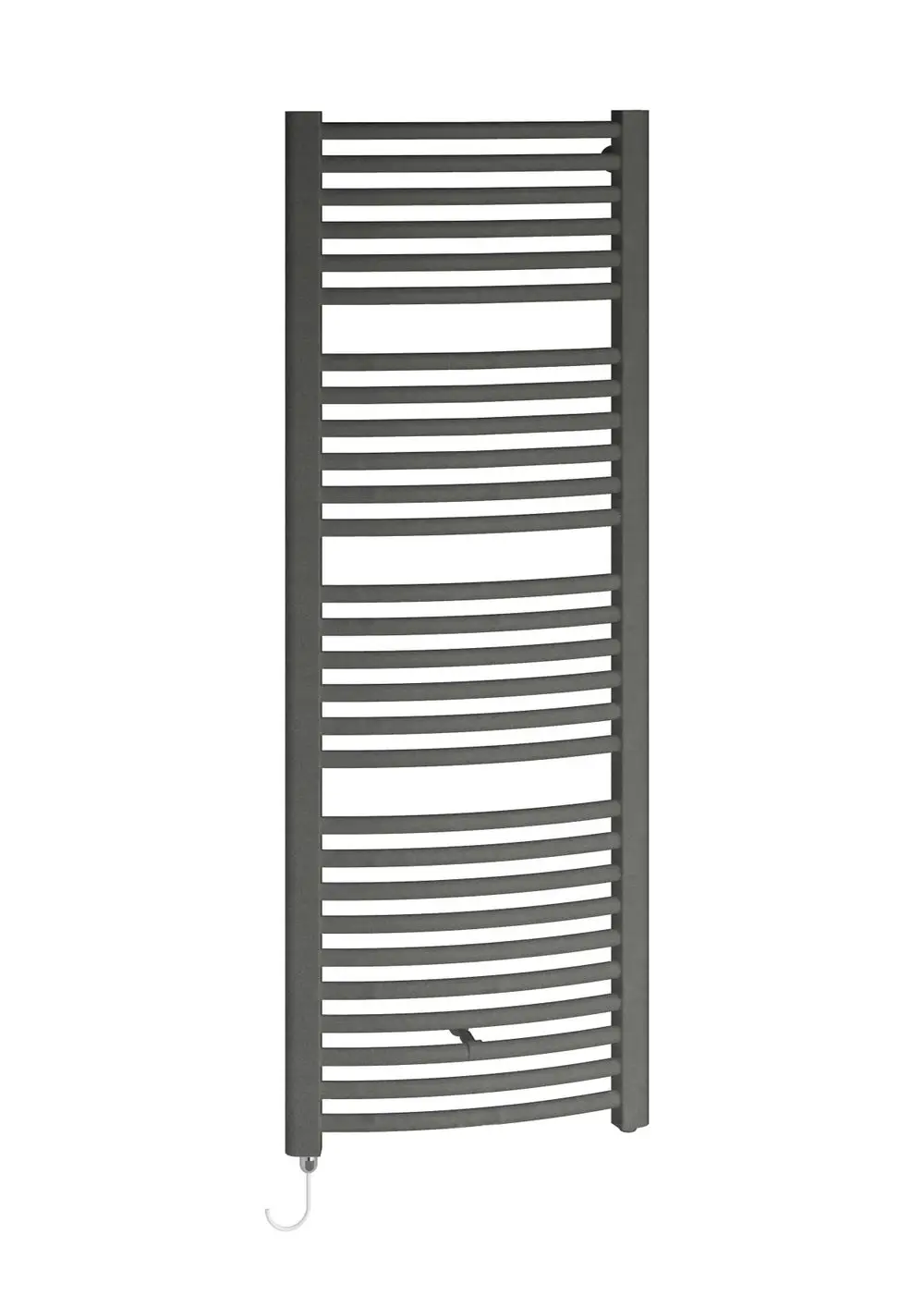 Graphitfarbener Kermi-Heizkörper mit horizontalen Rippen, vertikal montiert, vor hellem Hintergrund. Eignet sich für das Badezimmer.