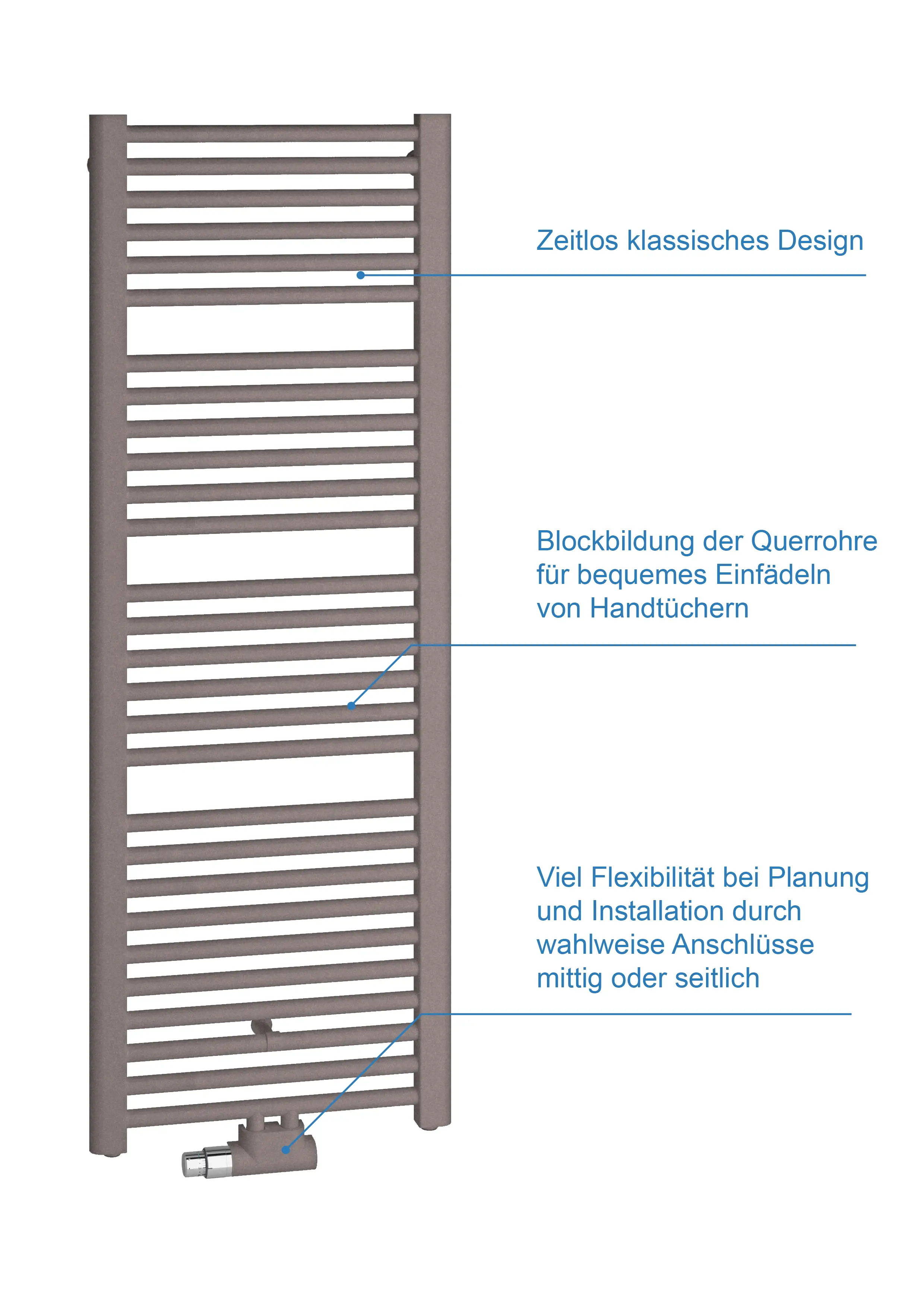 Kermi-Heizkörper mit vertikalen Lamellen, ausgestattet mit einer flexiblen Anschlussmöglichkeit für mittige oder seitliche Installation.
