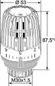 Thermostatkopf von Heimeier mit einer runden Form und einem gitterartigen Design. Maße sind nicht angegeben. Hinweise zur Temperaturregelung sind sichtbar.