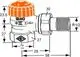 Heimeier Ventilunterteil mit orangefarbener Kappe. Das Produkt zeigt eine Eckform mit verschiedenen Anschlussmaßen. Technische Zeichnung zur Veranschaulichung der Abmessungen.