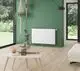 Purmo Heizkörper in Weiß, horizontal montiert an einer grünen Wand, mit einfacher, geschlossener Oberfläche. Im Vordergrund ein Holztisch mit Pflanzen und Deko.