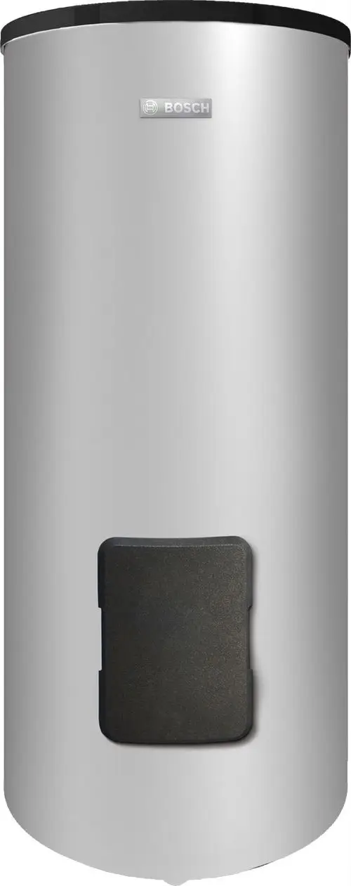 Runder, silberner Warmwasserspeicher mit schwarzem Deckel und seitlichem Zugang, versehen mit dem Bosch-Logo.