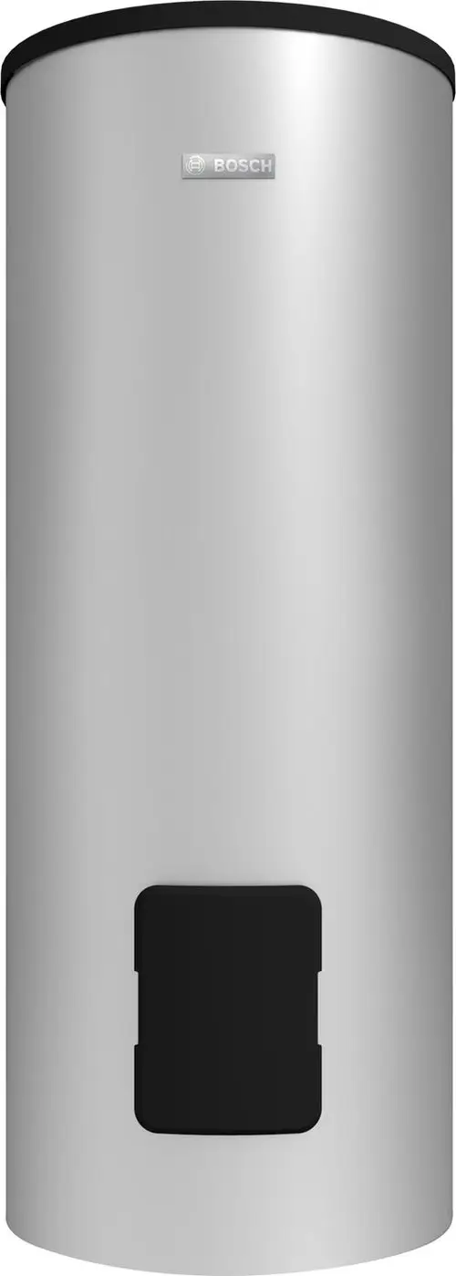 Kreisförmiger, silberner Warmwasserspeicher von Bosch mit schwarzem Bedienfeld an der Unterseite.