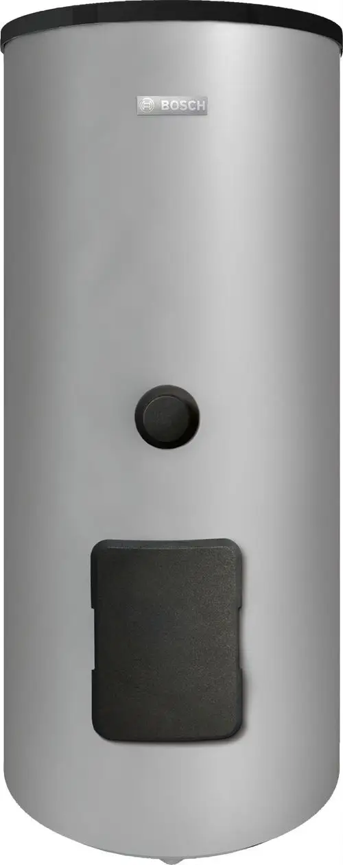 Bosch Warmwassergerät in Silber mit einem schwarzen Bedienelement und einer schwarzen Abdeckung an der Vorderseite.