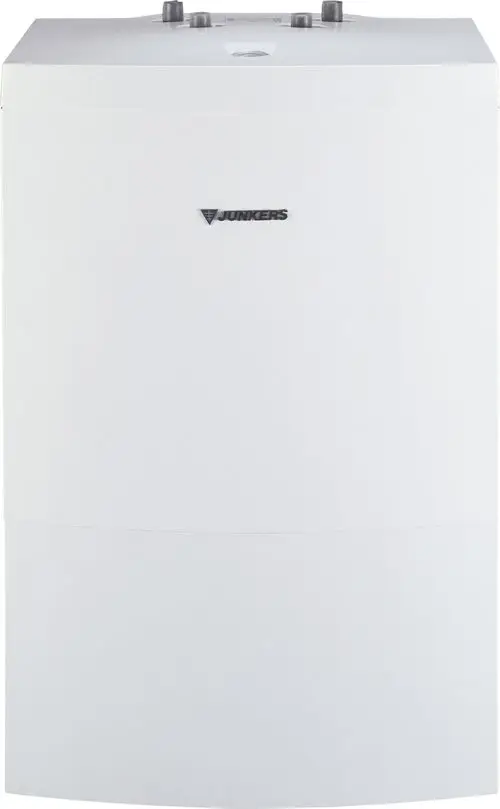 Weißer Warmwasserspeicher mit dem Logo "Junkers" auf der Front, ausgestattet mit Drehreglern und einem oberen Anschluss.