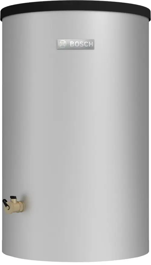 Silberner Warmwasserspeicher von Bosch mit einem runden Design und einem Wasserhahn an der Seite.