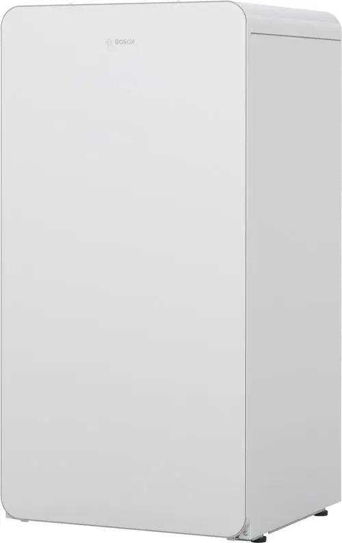 Weiße Bosch Wärmepumpe mit schlichtem Design, geeignet für die Warmwasserbereitung, auf einem neutralen Hintergrund.