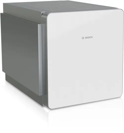 Bosch Warmwasser-Systemspeicher in modernem Design, mit einer grauen und weißen Oberfläche, kompakt und funktional für die effiziente Warmwasserversorgung.
