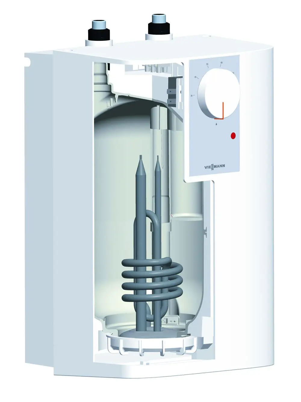 Weißer Elektro-Kleinspeicher von Viessmann, mit einem Sichtbild des Innenraums, einschließlich Heizschlangen und Steuerungselementen, zur Warmwasserbereitung.
