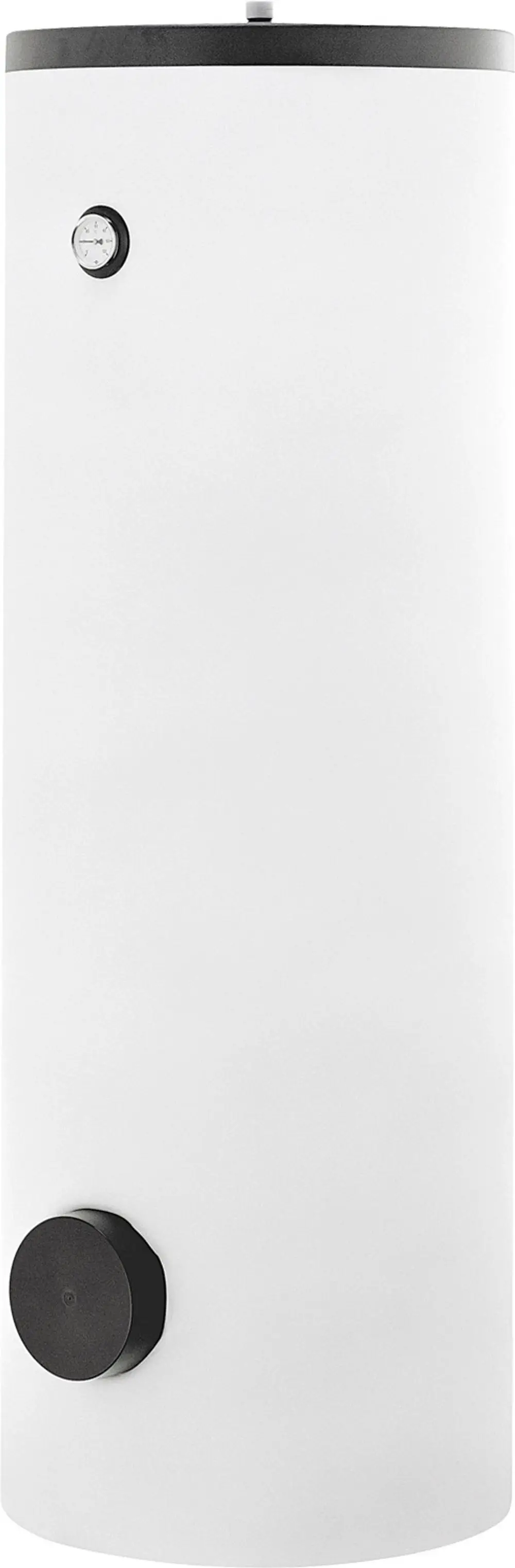 Weißer Wärmepumpenspeicher mit einem runden blacken Knopf und einem Thermometer auf der vorderen Seite, von Bosch. Ideal zur Speicherung von warmem Wasser.