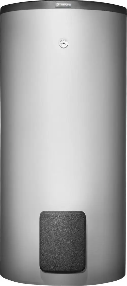 Bosch Warmwassergerät in Silber mit Druckanzeige und schwarzem Griff auf der Vorderseite.