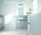 Weißes Waschbecken mit Wandmontage in einem modernen Badezimmer, beleuchtet von Tageslicht, mit einer Pflanze und Toilettenpapierhalter. Produkte arrangiert in Regalen.