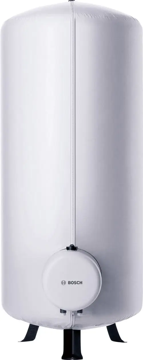 Weißer Elektro-Warmwasserspeicher mit runder Form, auf drei Beinen stehend. Logo von Bosch auf der Vorderseite.
