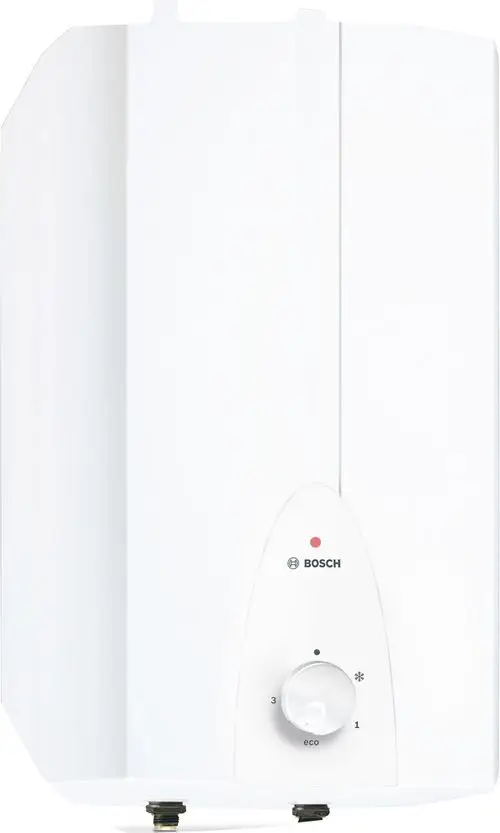 Weißer elektischer Warmwasserspeicher von Bosch mit einem Einstellknopf und einer Statusanzeige.