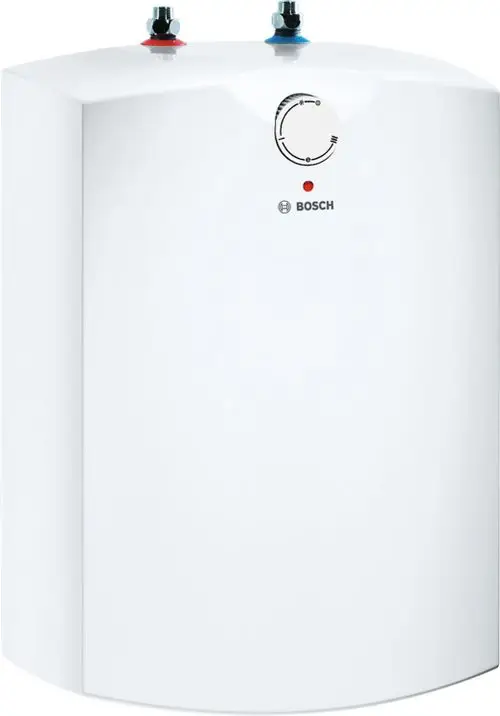 Weißer Bosch Elektro-Warmwasserspeicher mit roten und blauen Anschlüssen sowie einem Temperaturregler und Kontrollleuchte auf der Frontseite.