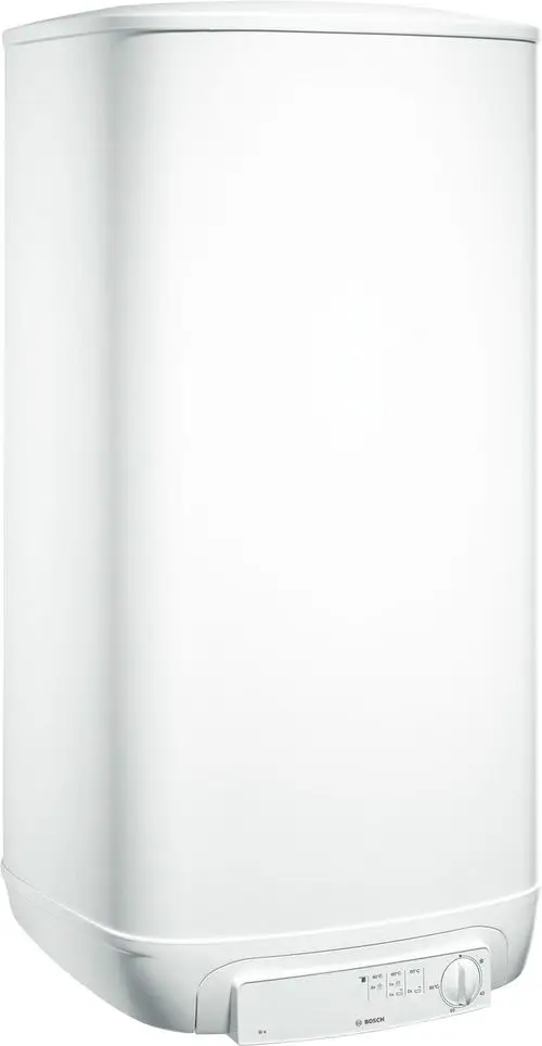 Weißer Bosch Elektro-Warmwasserspeicher mit einer runden Form und einem Bedienfeld an der Unterseite zur Temperatureinstellung.