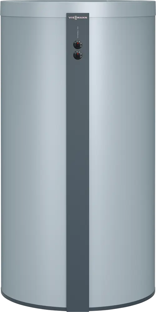 Viesmann Viessmann Vitocal 100, ein zylindrischer Warmwasserspeicher in silberner Farbe mit zwei Temperaturreglern an der Frontseite.