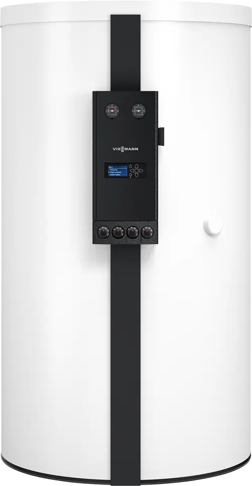 Weißer Warmwasserboiler mit digitalem Bedienfeld in Schwarz, ausgestattet mit Temperaturanzeigen und Bedienelementen.