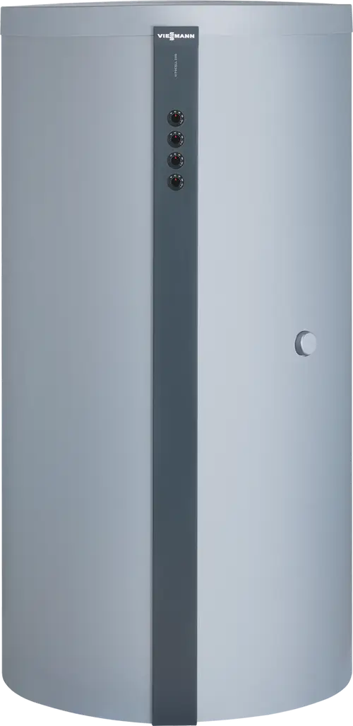 Ein silberner Viessmann Speicher mit einer vertikalen Bedieneinheit und mehreren Einstellknöpfen auf der Vorderseite.