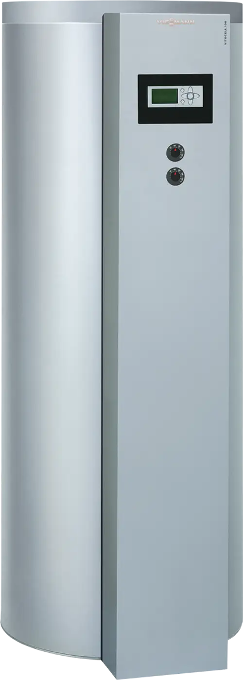 Ein silberner Viessmann Warmwasserspeicher mit einem digitalen Display und zwei Bedienelementen, geeignet für die Speicherung von Heizwasser.
