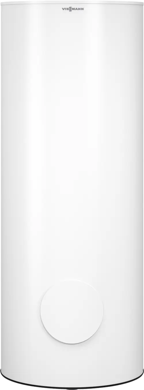 Weißer Warmwasserspeicher mit rundem Design und einer kleinen runden Frontplatte, hergestellt von Viessmann.