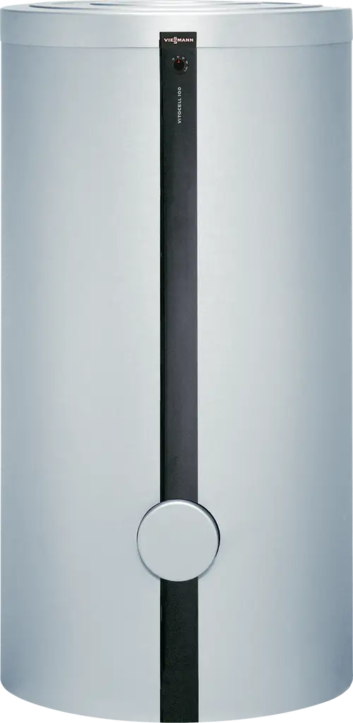 Silberner Heizwasserspeicher mit schwarzer Front und Temperaturregler, Modell Viessmann Vitocell 100.