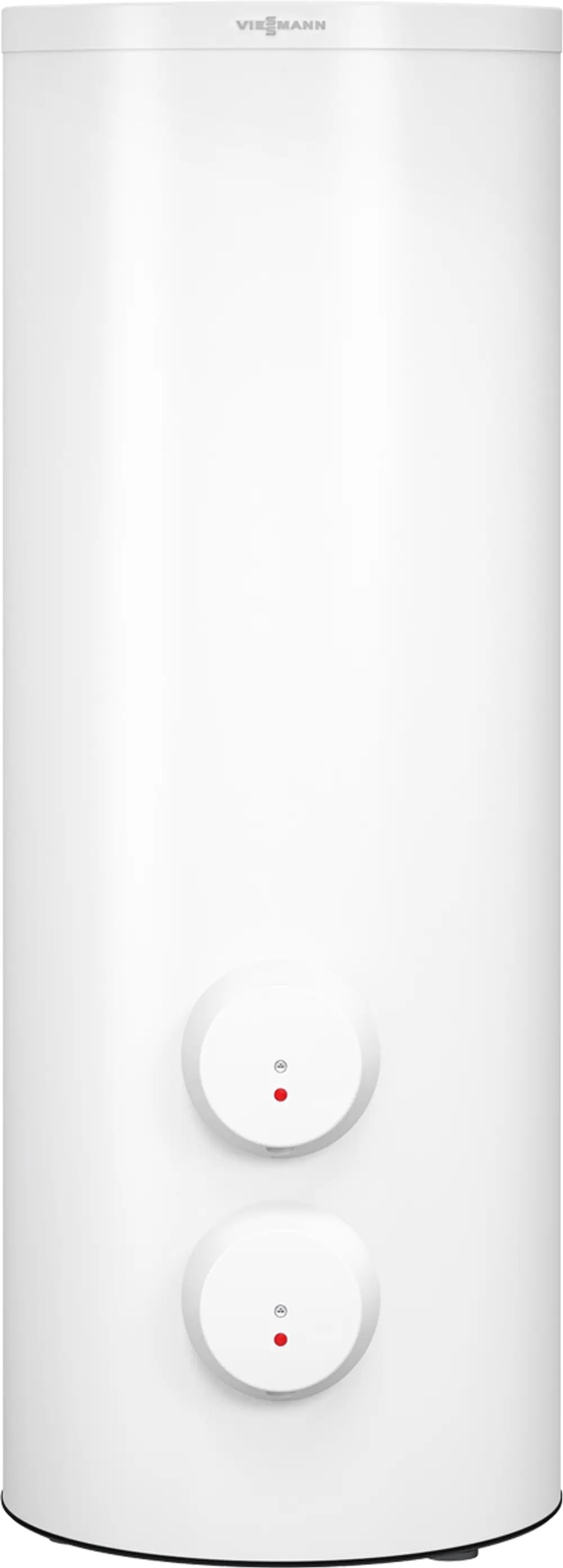 Weißer Warmwasserspeicher von Viessmann mit zwei Bedienelementen und Statusanzeigen; vertikale Bauweise mit schlicher Oberfläche.