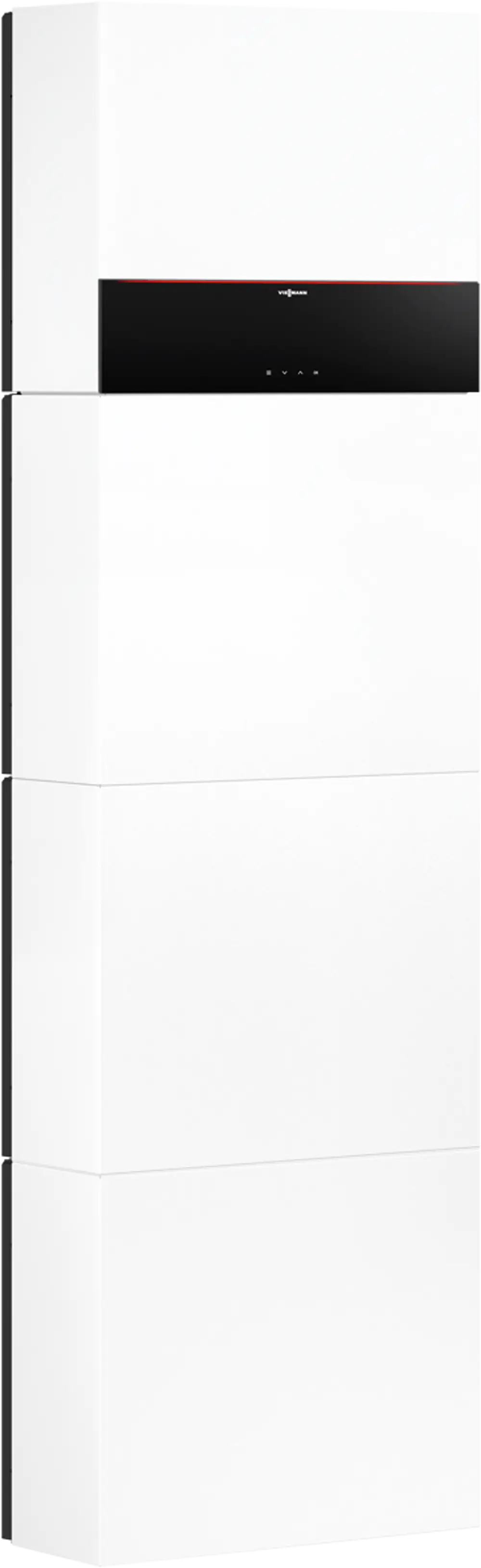 Viessmann Stromspeicher in weißer Ausführung, vertikales Design, mit schwarzem Bedienfeld oben und durchgehender, glatter Frontfläche.