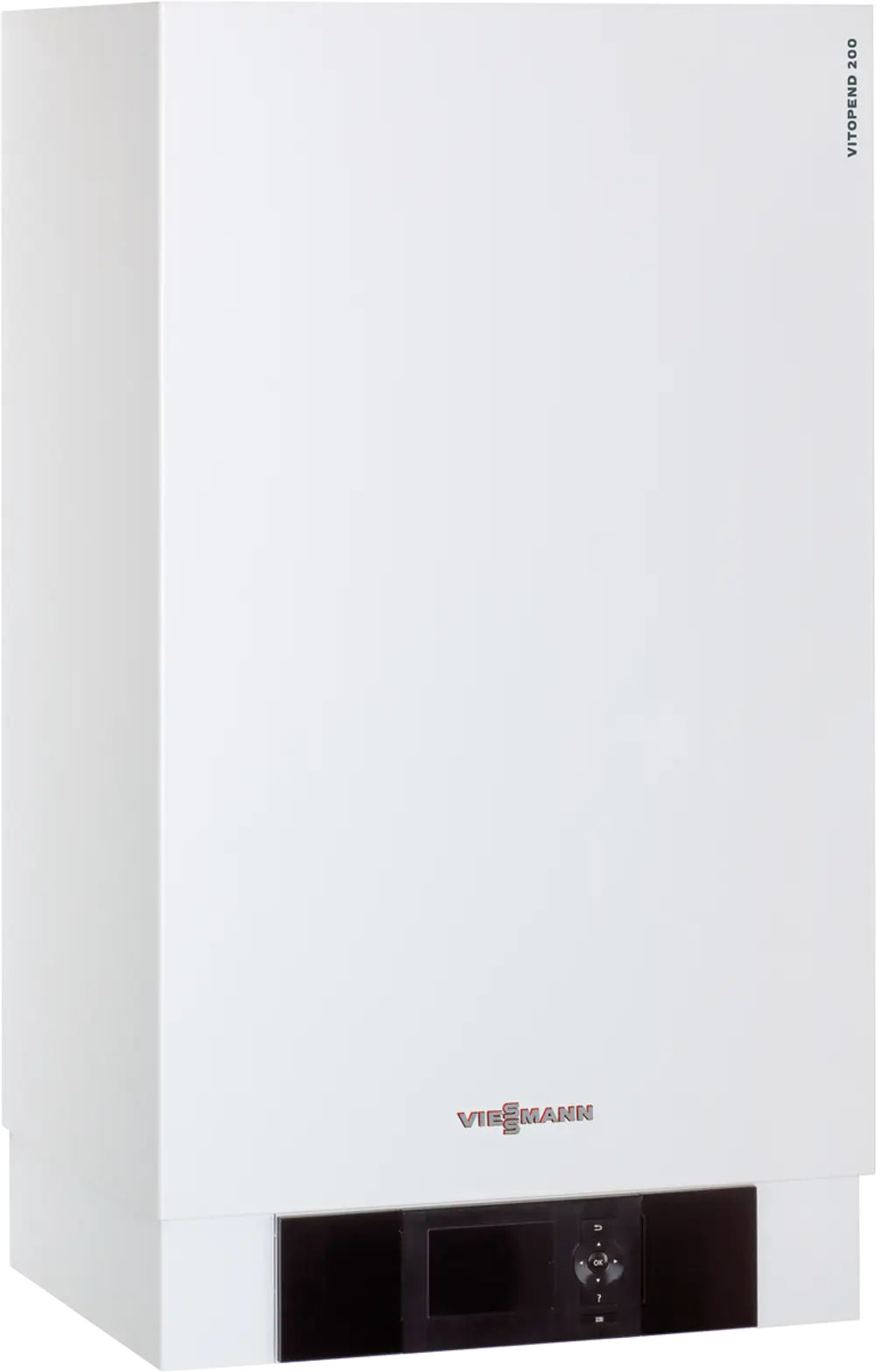 Wandhängendes Heizgerät in weißer Ausführung von Viessmann, mit digitalem Steuerdisplay und Abdeckung. Geeignet für raumluftabhängige Installation.
