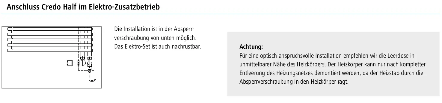 Kermi-Heizkörper mit horizontalen Rippen, Anschlussrohr auf der linken Seite. Hinweis zur Installation in der Nähe der Leerdose.