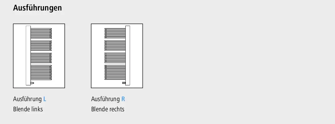 Zwei Varianten eines Kermi-Heizkörpers mit Längsrippen: Ausführung links und rechts, jeweils dargestellt in schematischer Form auf grauem Hintergrund.