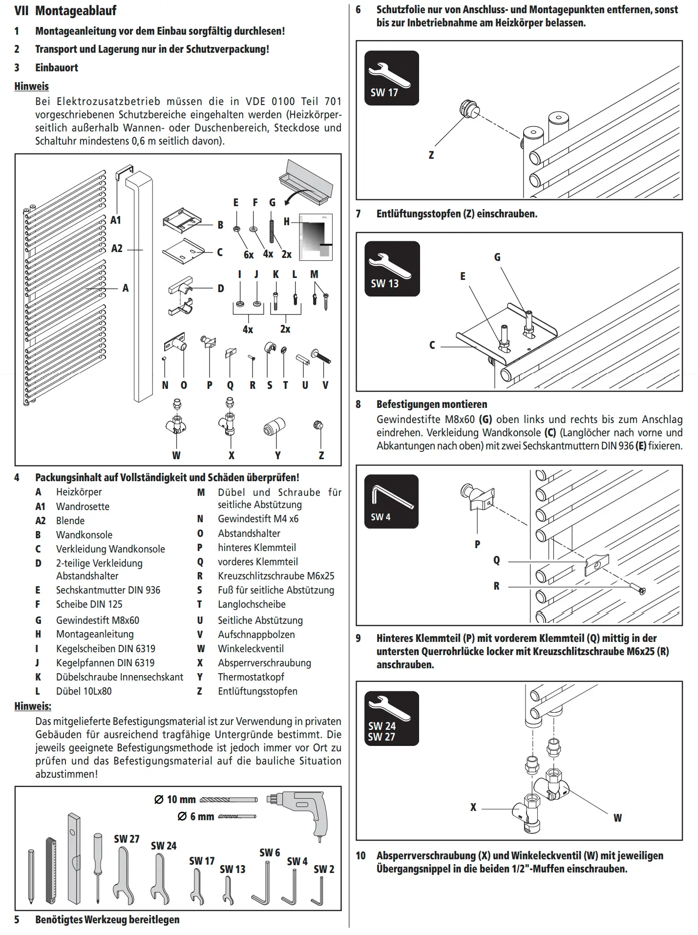 Montageanleitung für einen Kermi-Heizkörper mit Detailzeichnungen und Listung des Zubehörs für die Installation sowie Werkzeughinweise. Diagramme zur Montage und Befestigung enthalten.