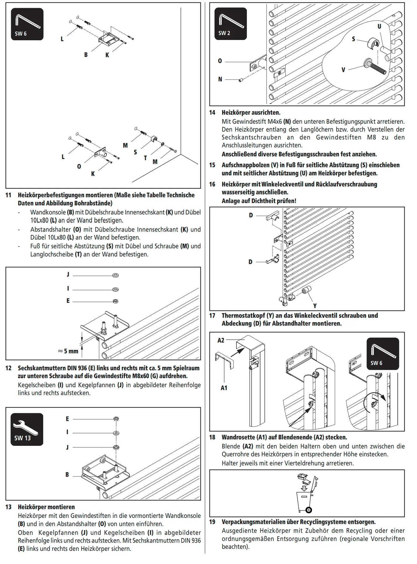 Montageanleitung für einen Kermi-Heizkörper, einschließlich Schritte zum Befestigen, Ausrichten und Anbringen von Thermostatventilen und Wandkonsolen. Diagramme und Teile aufgelistet.