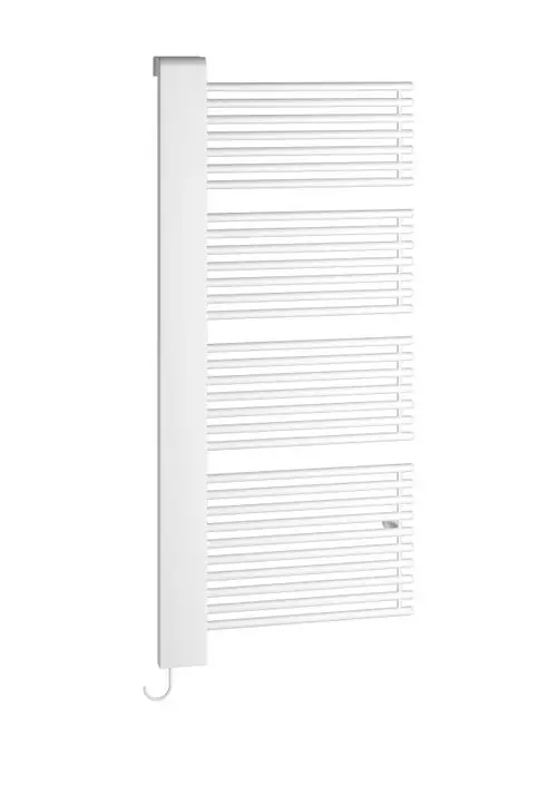 Weißer Elektroheizkörper mit mehreren horizontalen Heizstäben. Modernes Design für Badezimmer oder Wohnräume.