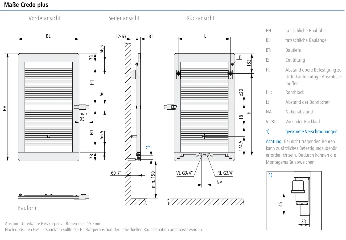 Kermi-Heizkörper im Design mit Mittenanschluss, dargestellt in Vorder- und Rückansicht. Maße und Abstand zu Bohrlöchern sind angegeben. Grafische Darstellung zur Montage.