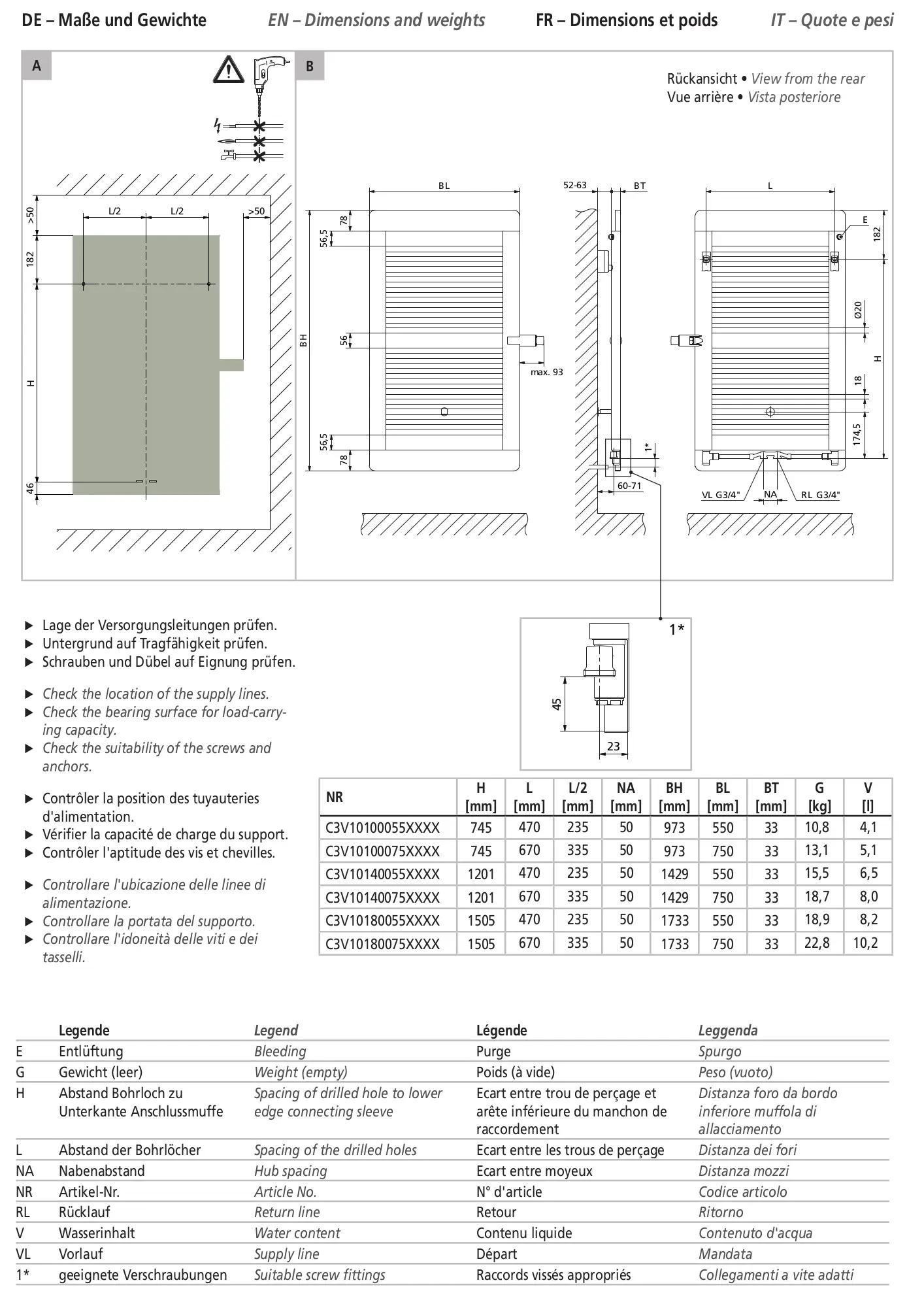 Kermi-Heizkörper mit Mittelausführung, in hellerer Farbe und horizontalem Design, gezeigt in technischen Details mit Maß- und Gewichtsinformationen.