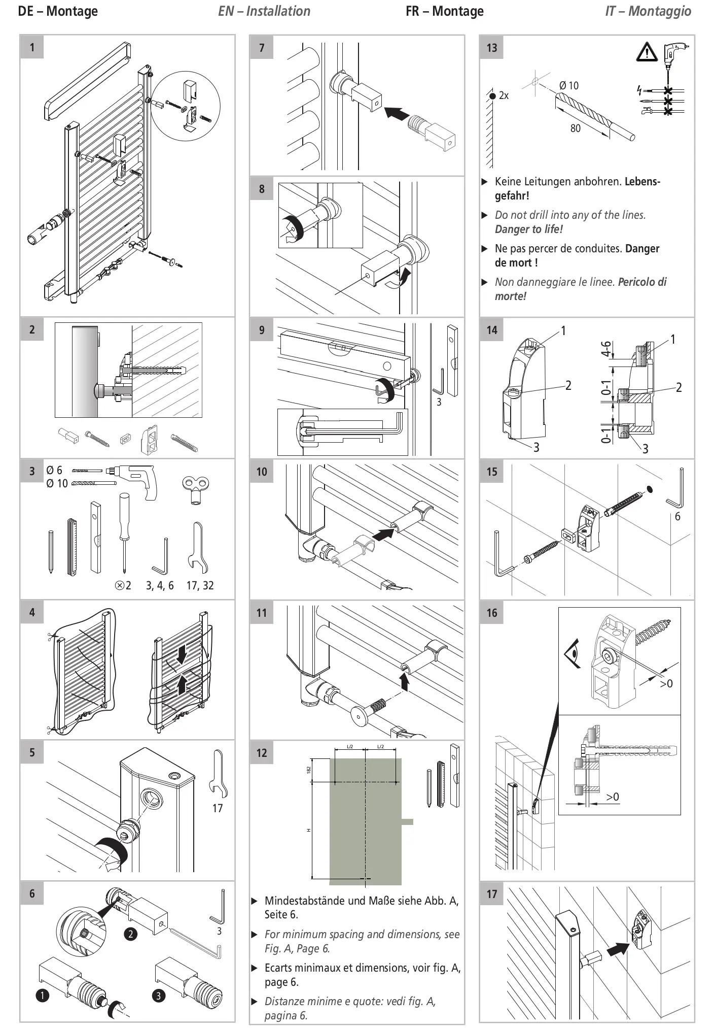 Diagramm mit Montageanleitung für Kermi-Heizkörper. Schritte zur Installation und Hinweise zu Sicherheitsvorkehrungen werden schematisch dargestellt.