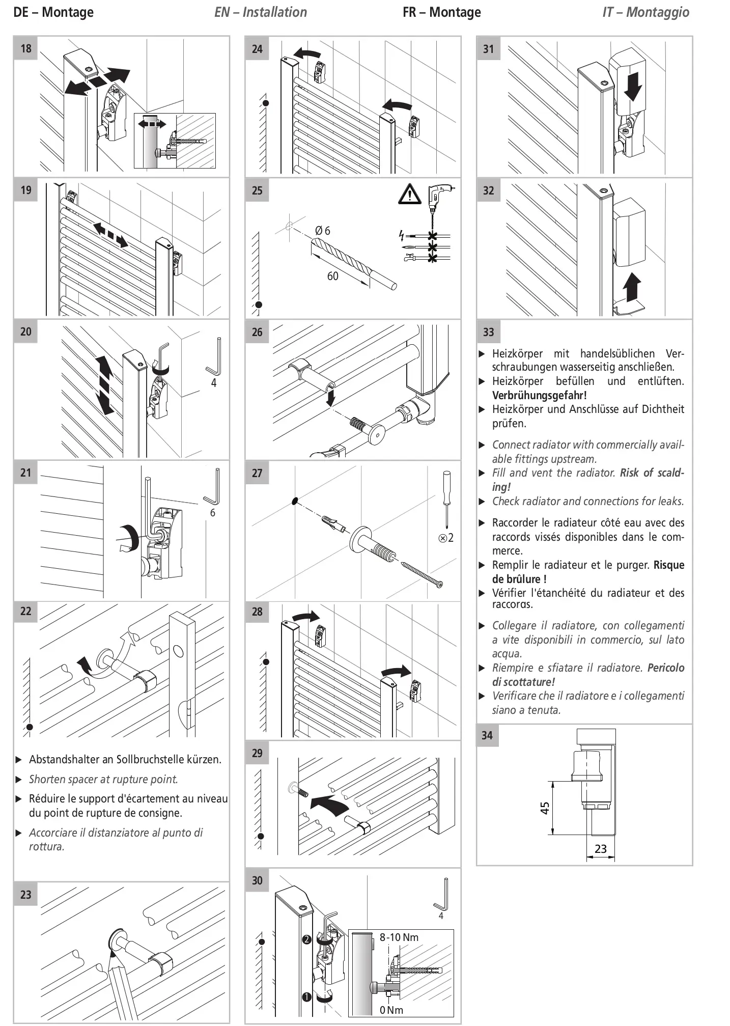 Montageanleitung für Kermi-Heizkörper, illustrativ dargestellt mit schematischen Anweisungen zur Installation und Verbindung von Rohrleitungen.
