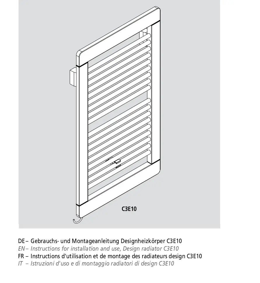 Weißer Kermi-Designheizkörper mit horizontalen Lamellen, montagebereit, an einer hellen Wand sichtbar. Anwendungsanleitung in mehreren Sprachen darunter.