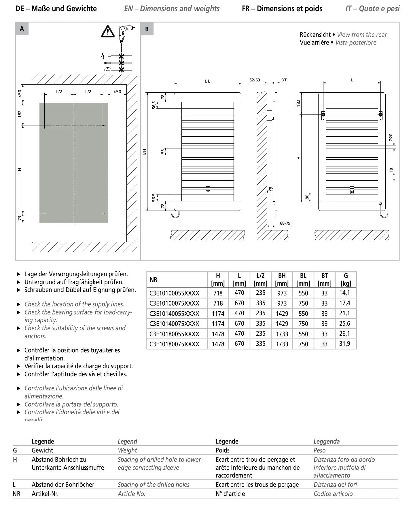 Kermi-Heizkörper mit horizontaler Anordnung, beschrieben durch Maße und Gewichte. Diagramm zeigt Rückansicht und Details zur Installation sowie Artikelnummern.