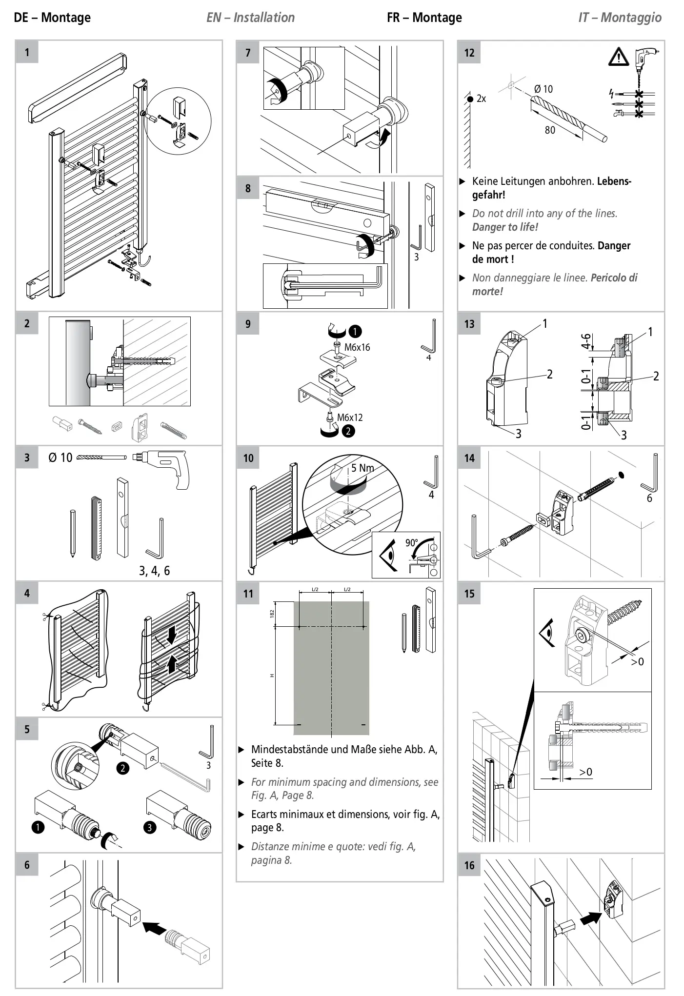 Montageanleitung für Kermi-Heizkörper mit mehreren Illustrationen, einschließlich Anweisungen zur Installation, Abmessungen und Sicherheitswarnungen.
