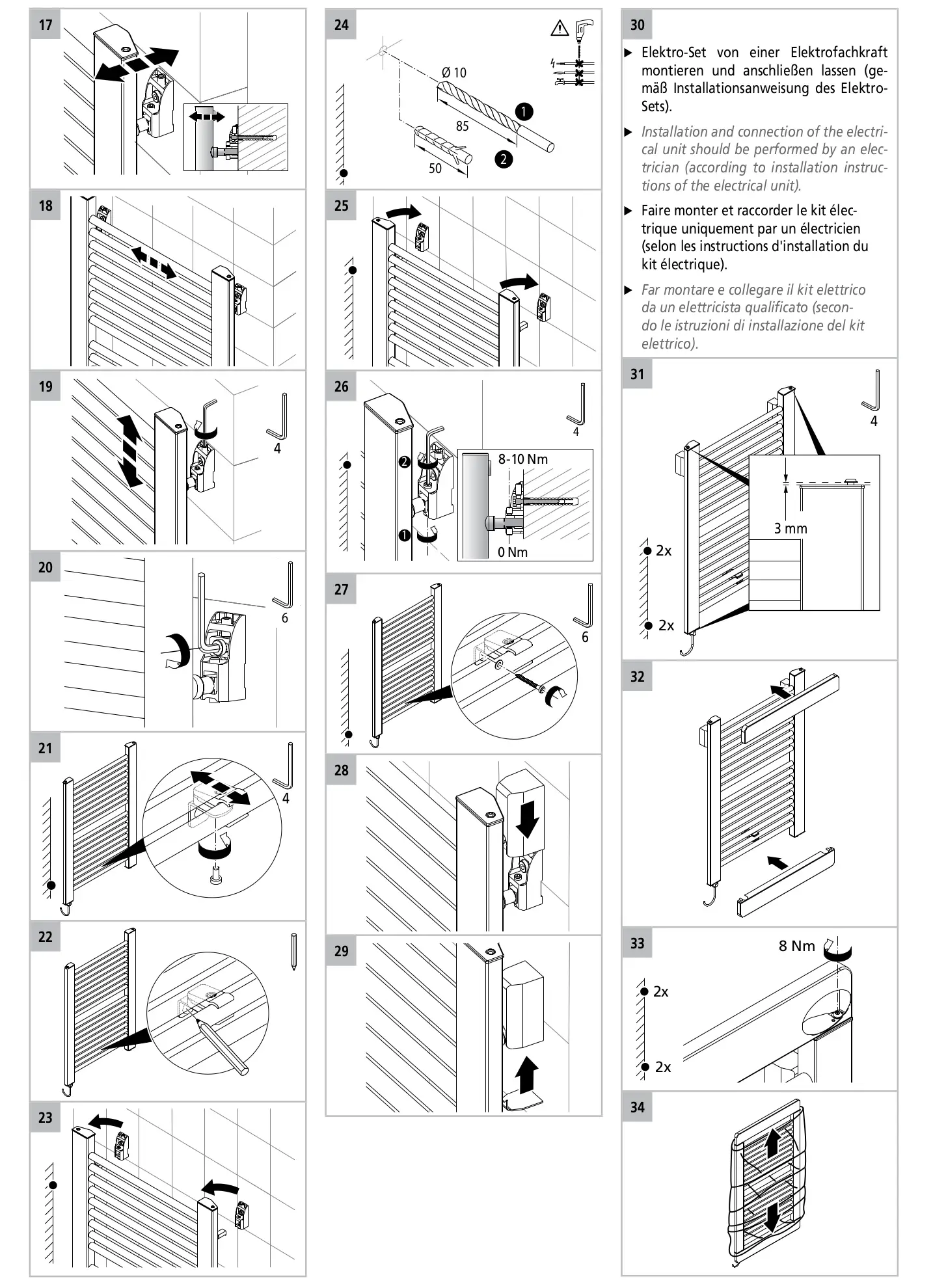 Montageanleitung für einen Kermi Elektro-Designheizkörper mit Schritt-für-Schritt-Diagrammen zur Installation und Verbindung. Hinweise zu Drehmoment und elektrischer Verbindung sind enthalten.