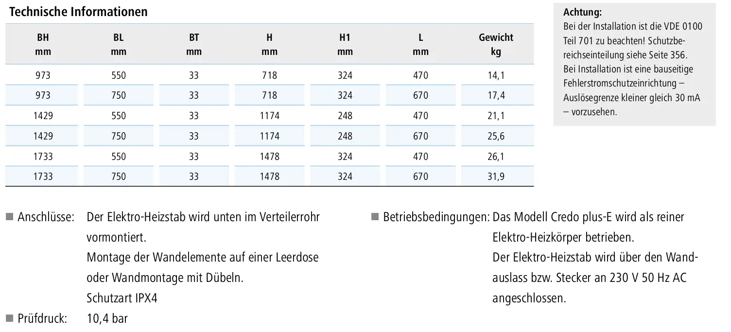 Kermi Designheizkörper in weiß, vertikal montiert, mit Elektro-Heizstab, Daten und technische Informationen auf beige Hintergrund.