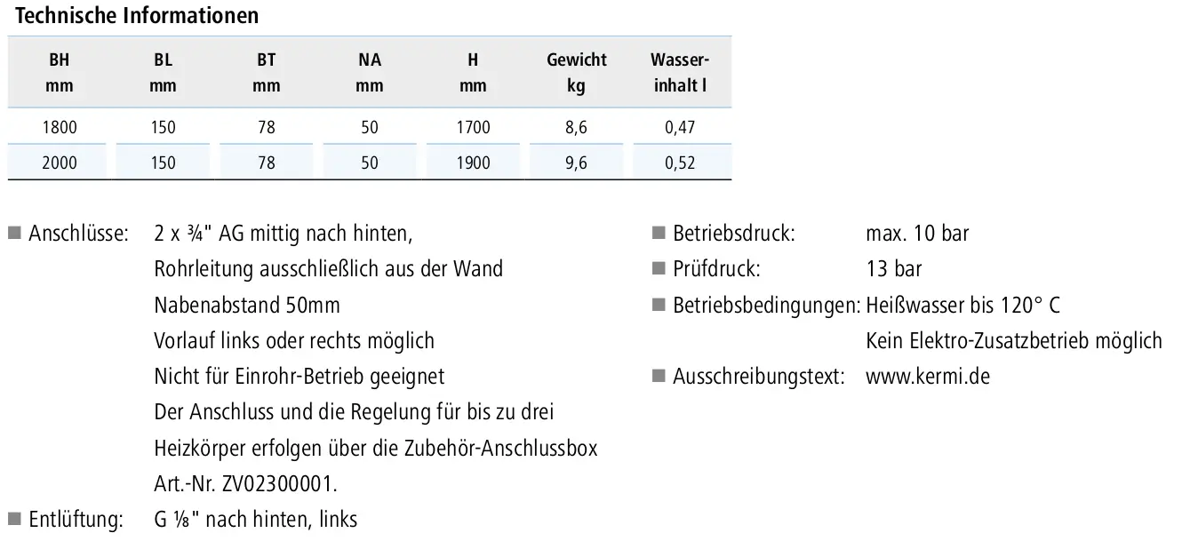 Tabelle mit technischen Informationen zu Heizkörpern mit Angaben zu BH, BL, BT, NA, H, Gewicht und Wasserinhalt, sowie Details zu Anschlüssen, Betriebsbedingungen und Entlüftung.