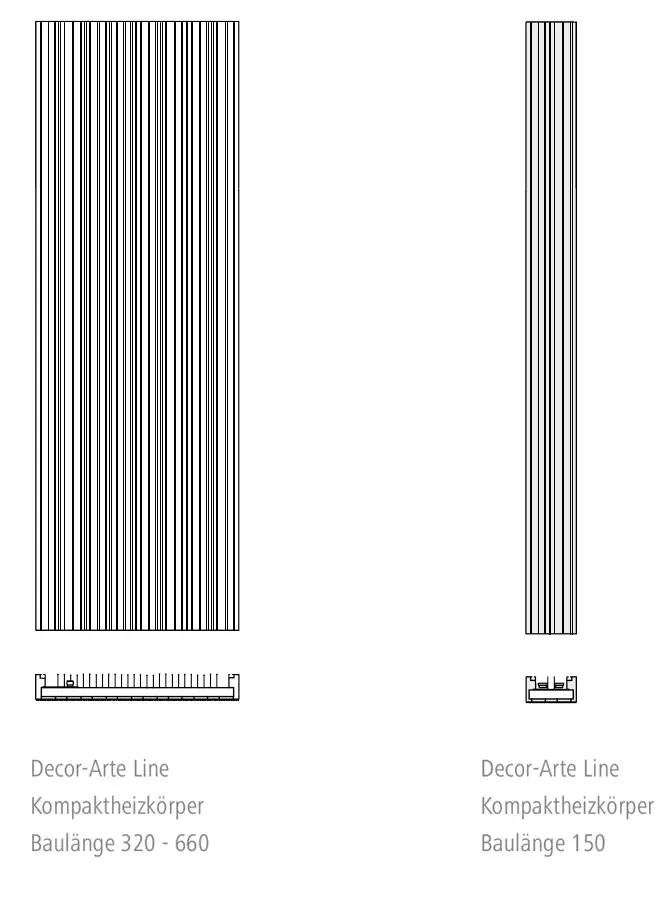 Zwei Zeichnungen von schmalen Heizkörpern mit Rillen, mit den Bezeichnungen "Decor-Arte Line" und Größenangaben.