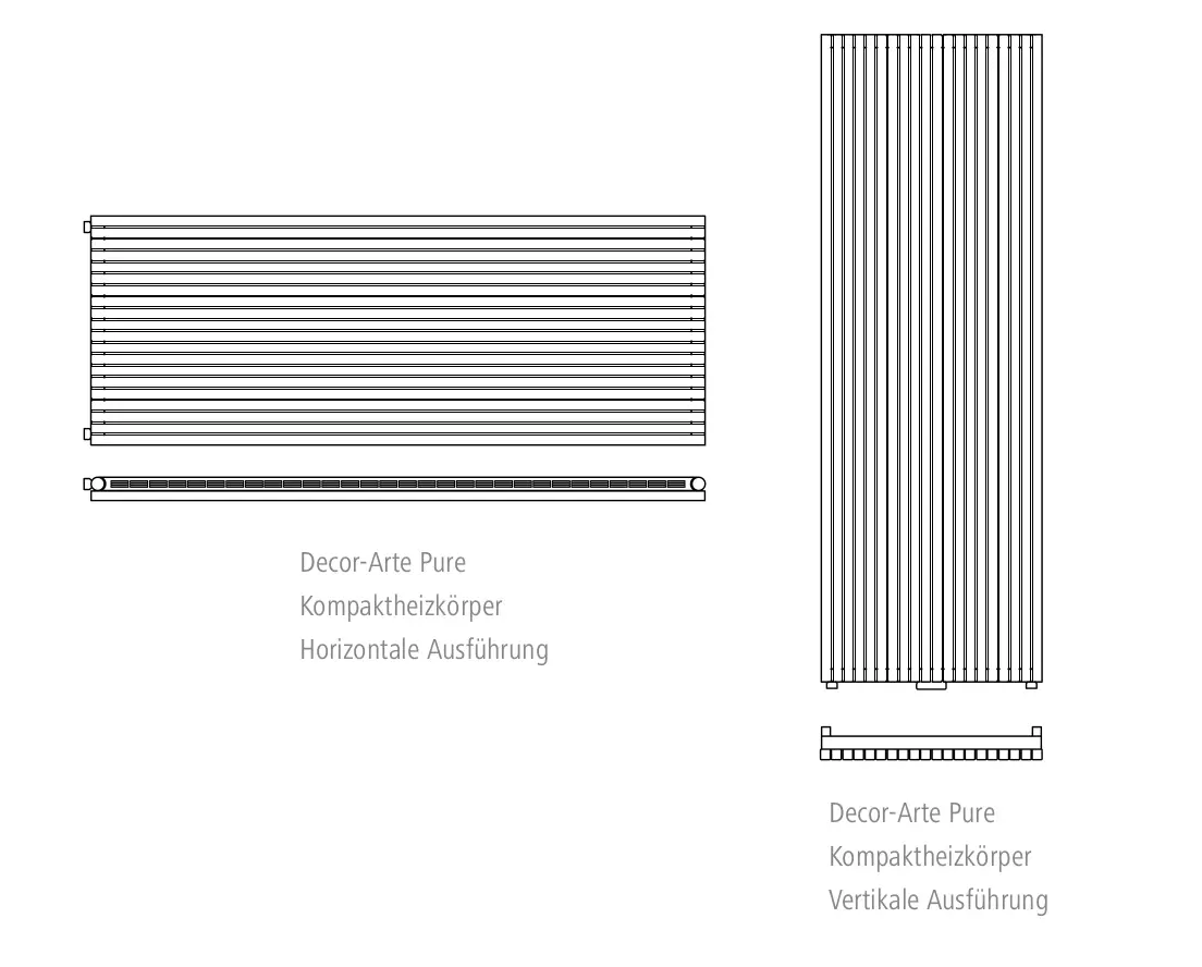 Horizontaler Kermi-Heizkörper mit gerillter Oberfläche, seitlichem Anschluss, in Weiß. Abbildung zeigt die Front- und Seitenansichten des Designs.
